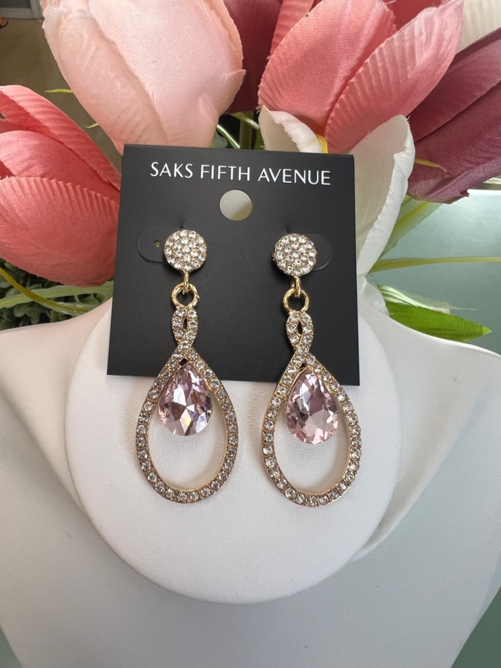 Saks Fifth Avenue Dangling Oval Pink Stone Earrings